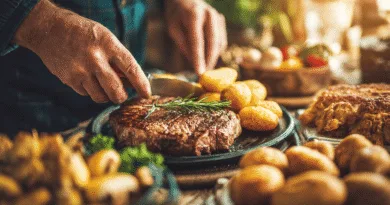 Midcent: En medelålders man förbereder en välsmakande måltid med saftig biff och rostade potatisar. Temat är rustik matlagning med färska ingredienser. Perfekt inspiration för dig som älskar kulinariska upplevelser. Kategori: Mat.