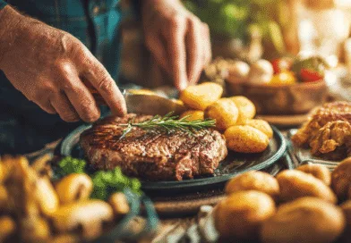 Midcent: En medelålders man förbereder en välsmakande måltid med saftig biff och rostade potatisar. Temat är rustik matlagning med färska ingredienser. Perfekt inspiration för dig som älskar kulinariska upplevelser. Kategori: Mat.