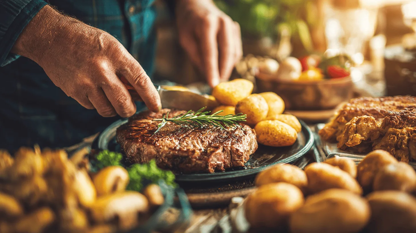 Midcent: En medelålders man förbereder en välsmakande måltid med saftig biff och rostade potatisar. Temat är rustik matlagning med färska ingredienser. Perfekt inspiration för dig som älskar kulinariska upplevelser. Kategori: Mat.