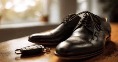 Midcent: På en polerad trähylla ligger eleganta svarta läderskor och en bilnyckel. Bilden balanserar stil och funktionalitet, perfekt för den moderne mannen. Perfekta accessoarer för ett elegant och professionellt utseende. Kategori: Mode.
