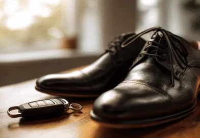 Midcent: På en polerad trähylla ligger eleganta svarta läderskor och en bilnyckel. Bilden balanserar stil och funktionalitet, perfekt för den moderne mannen. Perfekta accessoarer för ett elegant och professionellt utseende. Kategori: Mode.