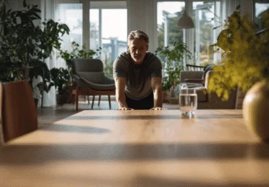 Midcent presenterar en medelålders man i ett ljust vardagsrum som utför träning vid ett träbord, omgiven av grönska och solljus. Denna inspirerande scen betonar vikten av hembaserad hälsa och fitness. Kategori: Hälsa.