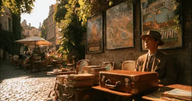 Mitt i en pittoresk stadsscen sitter en man i kostym och hatt vid ett café, omgiven av gamla resväskor och affischer. Atmosfären för tankarna till 1900-talets elegans.Midcent. Resa.