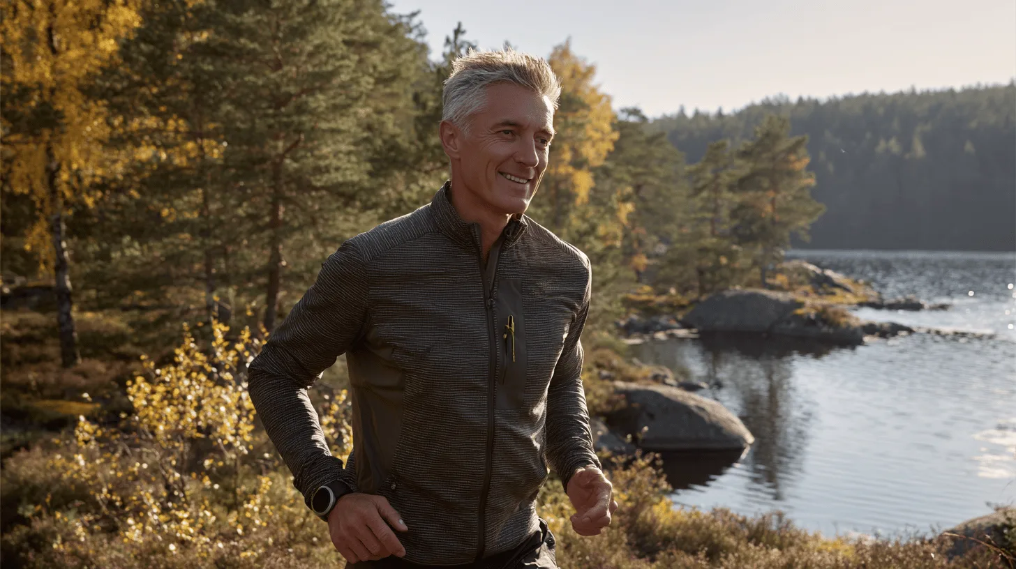 Midcent: En medelålders man joggar genom en höstfärgad skog vid en sjö, vilket skapar en känsla av frihet och hälsa. Solens strålar reflekteras i vattnet, vilket ger en inspirerande stämning. Kategori: Hälsa.