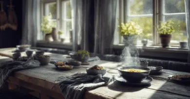 Midcent presenterar en inbjudande frukostbuffé med rykande varma rätter, belyst av solens strålar genom stora fönster. Grönskande växter i fönstret skapar en harmonisk atmosfär. Perfekt för en avkopplande måltid.