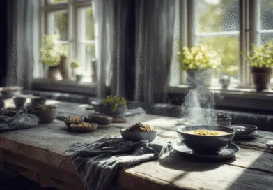 Midcent presenterar en inbjudande frukostbuffé med rykande varma rätter, belyst av solens strålar genom stora fönster. Grönskande växter i fönstret skapar en harmonisk atmosfär. Perfekt för en avkopplande måltid.