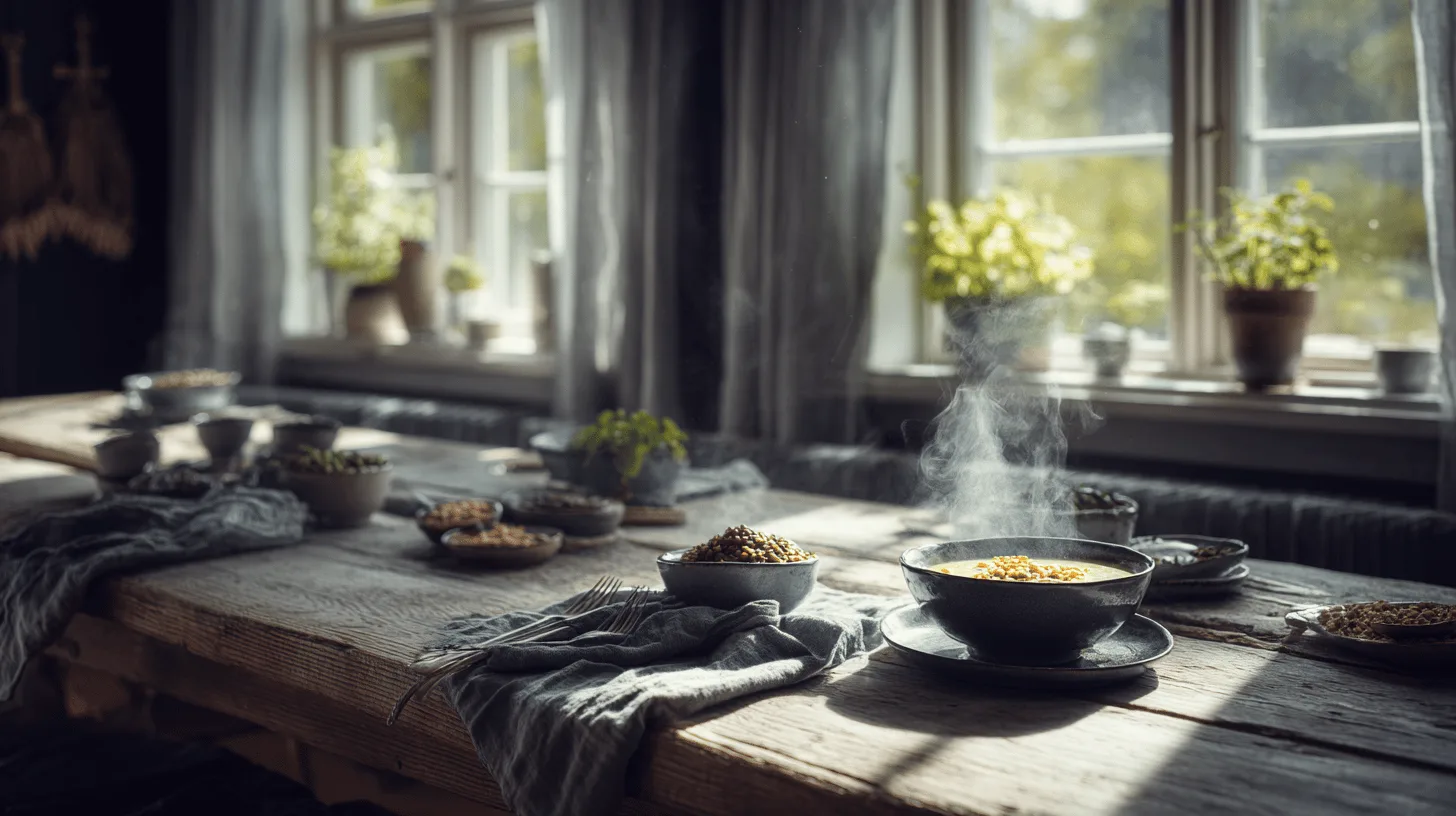 Midcent presenterar en inbjudande frukostbuffé med rykande varma rätter, belyst av solens strålar genom stora fönster. Grönskande växter i fönstret skapar en harmonisk atmosfär. Perfekt för en avkopplande måltid.