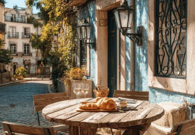 Midcent: Charmig utomhusterrass i soligt hörn av medelhavsstad, med rustikt trämöblemang och lokala delikatesser. Perfekt för en avkopplande måltid och autentisk atmosfär. Resa.