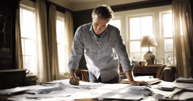 Midcent: En medelålders man fokuserar på dokument vid ett skrivbord, upplyst av naturligt ljus från stora fönster, och skapar en koncentrerad arbetsmiljö. Ekonomi.