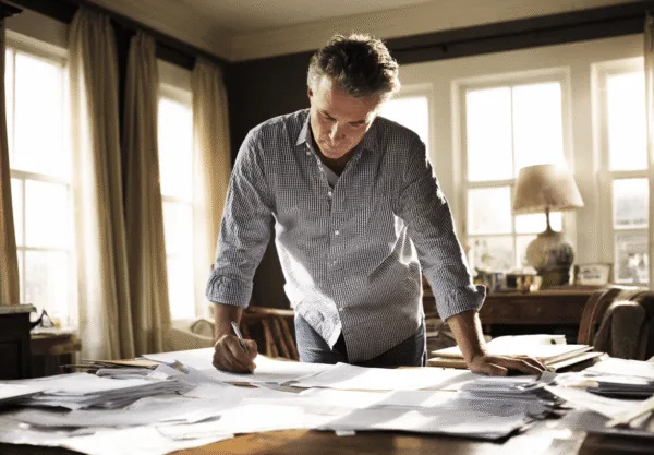 Midcent: En medelålders man fokuserar på dokument vid ett skrivbord, upplyst av naturligt ljus från stora fönster, och skapar en koncentrerad arbetsmiljö. Ekonomi.