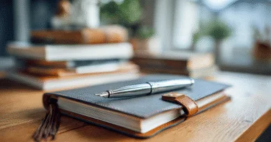 Midcent: En bild av en stilfull anteckningsbok med en exklusiv penna, placerad på ett träbord. Perfekt för den som värderar elegans och produktivitet i sin arbetsmiljö. Fokus på skrivande och kreativa uttryck. Kategori: Samhälle.