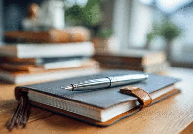 Midcent: En bild av en stilfull anteckningsbok med en exklusiv penna, placerad på ett träbord. Perfekt för den som värderar elegans och produktivitet i sin arbetsmiljö. Fokus på skrivande och kreativa uttryck. Kategori: Samhälle.