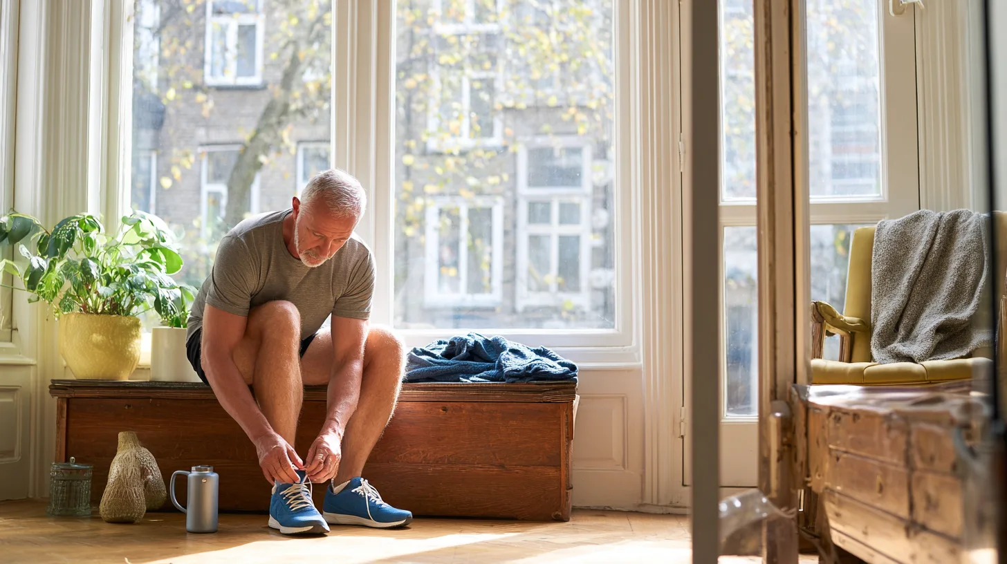 Midcent: En medelålders man knyter sina träningsskor i ett solbelyst rum. Växter och trädetaljer skapar en varm atmosfär. Aktiv livsstil och hälsa betonas. Kategori: Hälsa.