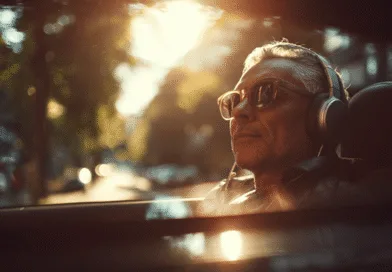 Midcent: En medelålders man njuter av en solig dag och lyssnar på musik i sin cabriolet. Hans avkopplade uttryck fångar frihet och livsnjutning. Underhållning.