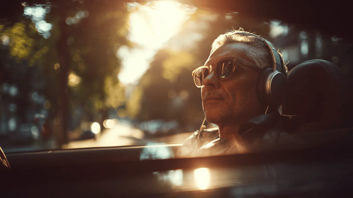 Midcent: En medelålders man njuter av en solig dag och lyssnar på musik i sin cabriolet. Hans avkopplade uttryck fångar frihet och livsnjutning. Underhållning.