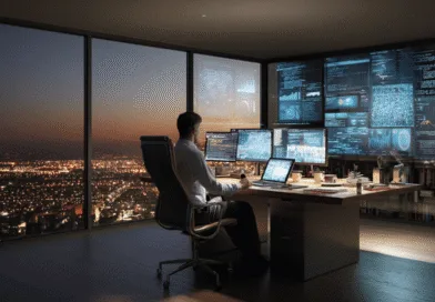 Midcent: En medelålders man arbetar i ett modernt kontor med avancerad teknik. Stora skärmar och stadsvy skapar en futuristisk arbetsmiljö. Teknik.