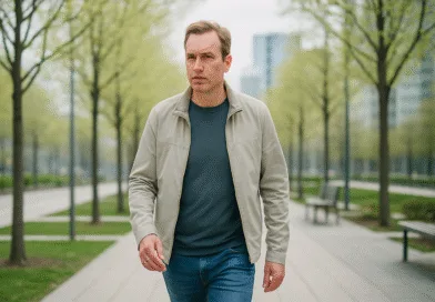 En medelålders man promenerar i en grönskande park omgiven av moderna byggnader. Bilden fångar vårens fräscha atmosfär och känslan av urban avkoppling. Midcent: Resa.