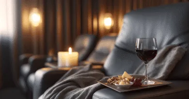 Midcent - Elegant hemmabioinstallation med lyxiga fåtöljer, skum belysning och ett fat av delikatesser bredvid ett glas rött vin. Perfekt för avkoppling och njutning. Kategori: Underhållning.