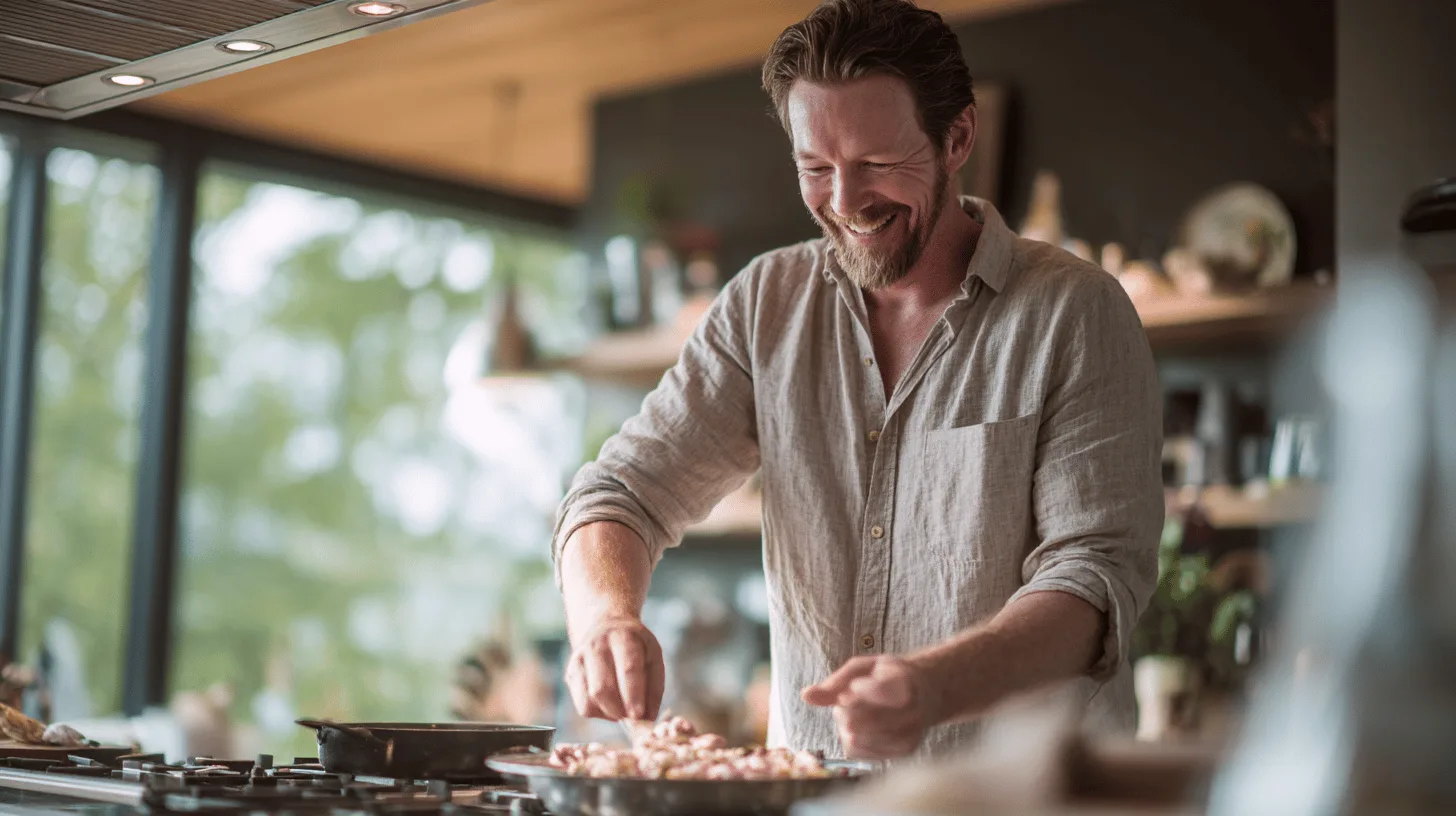 En medelålders man lagar mat i ett ljust och modernt kök, glad och fokuserad på sitt recept. Inspiration för hemmakockar och matentusiaster. Midcent. Kategori: Mat.