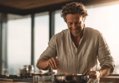 En medelålders man lagar mat i ett modernt kök, omgiven av naturligt ljus och fönster. Han verkar fokuserad och nöjd med sin matlagning. Midcent, Mat.