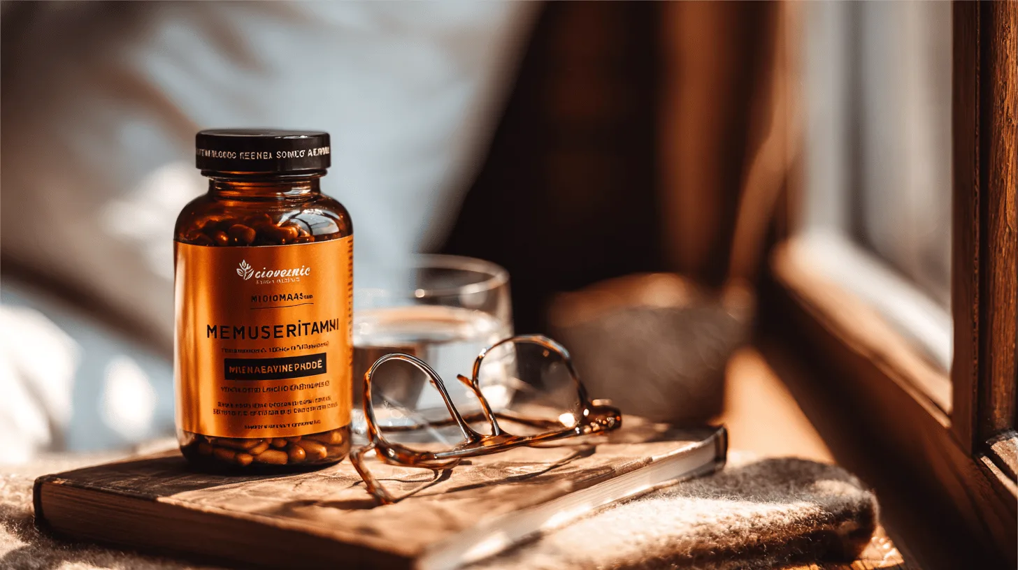 Midcent erbjuder ett naturligt kosttillskott framtaget för optimal hälsa, presenterat i en behaglig inomhusmiljö. Fokus ligger på välbefinnande och daglig näring, med en framträdande medicinburk och glasögon som tillbehör. Kategori: Hälsa.