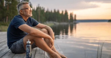 En medelålders man njuter av solnedgången vid en sjö, sittandes på en träbrygga med en vattenflaska bredvid sig. Scenen förmedlar lugn och naturens skönhet. Midcent. Kategori: Resa.