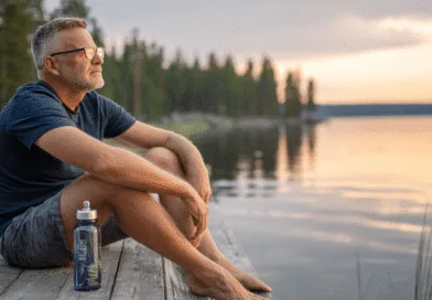 En medelålders man njuter av solnedgången vid en sjö, sittandes på en träbrygga med en vattenflaska bredvid sig. Scenen förmedlar lugn och naturens skönhet. Midcent. Kategori: Resa.