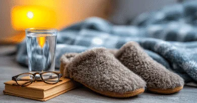 Midcent - Vardaglig komfort i hemmet med mysiga tofflor, ett glas vatten och glasögon på en bok, idealiskt för avkoppling och läsning. Skapar en lugn och avslappnad atmosfär. Kategori: Samhälle.