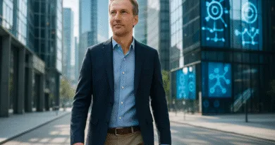 Midcent: en medelålders man i affärskläder promenerar självsäkert genom en modern stadsmiljö med höga byggnader och digital grafik. Perfekt för teman kring framgång och professionalitet. Kategori: Samhälle.