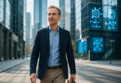 Midcent: en medelålders man i affärskläder promenerar självsäkert genom en modern stadsmiljö med höga byggnader och digital grafik. Perfekt för teman kring framgång och professionalitet. Kategori: Samhälle.