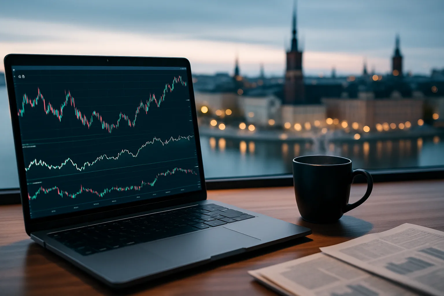 Midcent: En stämningsfull bild av en bärbar dator som visar börsdiagram mot en bakgrund av en stadssilhuett. Perfekt för ekonominyheter eller investeringstips. Lämplig för moderna finansiella miljöer. Kategori: Ekonomi.