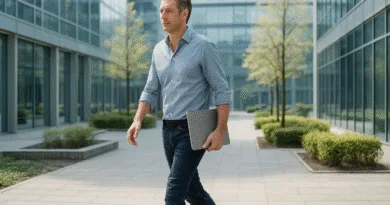 Midcent: En medelålders man i avslappnad klädsel promenerar genom en modern kontorspark med en bärbar dator under armen, omgiven av glasbyggnader och grönska. Teknik.