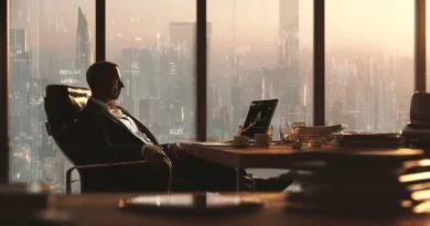 En medelålders man sitter i ett modernt kontor med utsikt över en storstad, analyserar affärsdiagram på sin bärbara dator. Atmosfären präglas av framgång och professionalism. Midcent. Kategori: Ekonomi.