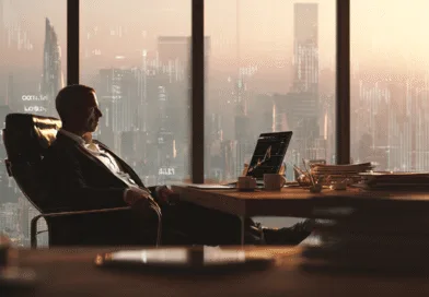 En medelålders man sitter i ett modernt kontor med utsikt över en storstad, analyserar affärsdiagram på sin bärbara dator. Atmosfären präglas av framgång och professionalism. Midcent. Kategori: Ekonomi.