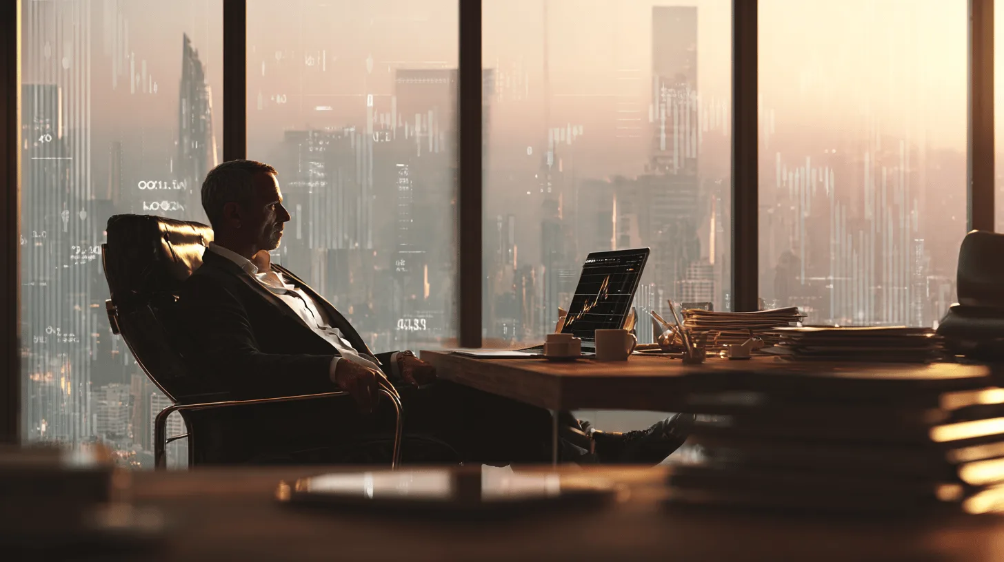 En medelålders man sitter i ett modernt kontor med utsikt över en storstad, analyserar affärsdiagram på sin bärbara dator. Atmosfären präglas av framgång och professionalism. Midcent. Kategori: Ekonomi.