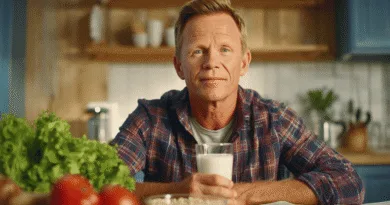 Midcent: En medelålders man sitter i ett kök, hållandes ett glas mjölk. I förgrunden finns grönsaker och havre. Bilden har en varm och hemtrevlig känsla. Mat.