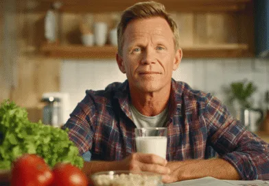 Midcent: En medelålders man sitter i ett kök, hållandes ett glas mjölk. I förgrunden finns grönsaker och havre. Bilden har en varm och hemtrevlig känsla. Mat.