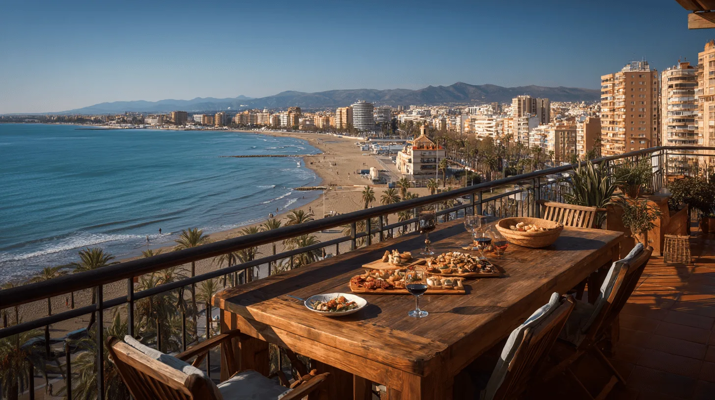 Midcent: En badstrand i en solig kuststad med en vy från en lyxig balkong med bord fullt av tapas och vin. Perfekt för semesterdrömmar vid Medelhavskusten. Resa.