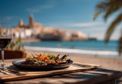 Midcent: En idyllisk strandmatupplevelse med eleganta skaldjur och ett glas rött vin, njutandes vid havet under palmernas skugga. Den perfekta kombinationen för sommarens smakresor. Kategori: Mat.