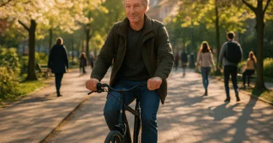Riktig karl eller bara riktigt trött? Mansrollen efter 50 Midcent: En medelålders man cyklar i en solig stadspark, omgiven av promenadstigar och människor i rörelse. Friluftsliv och hälsa i fokus. Kategori: Hälsa.