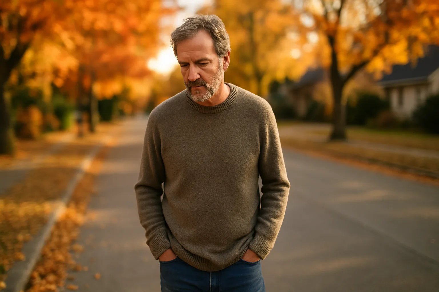 En medelålders man promenerar på en höstig gata, omgiven av gyllene lövverk. Han bär en bekväm tröja och jeans, vilket skapar en stämningsfull höstkänsla. Midcent - Samhälle.