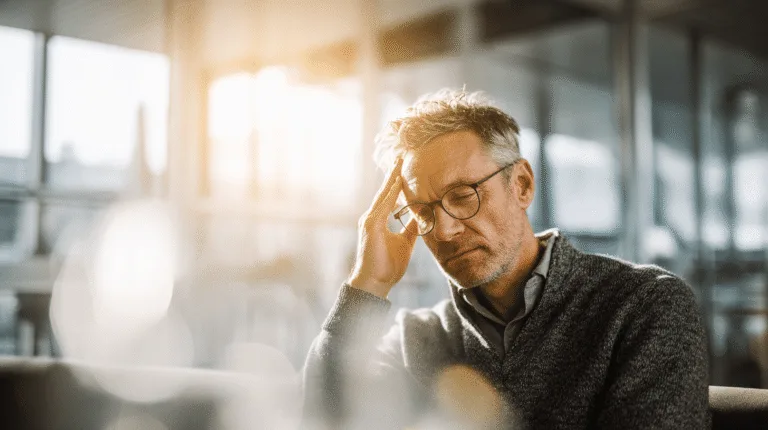 Midcent: En medelålders man visar tecken på stress och trötthet i en kontorsmiljö. Perfekt ljusflöde förstärker känslan av utmaningar på arbetsplatsen. Kategori: Hälsa.