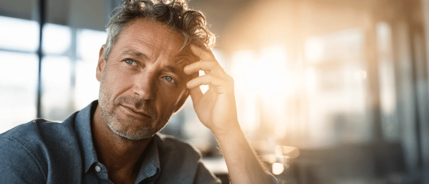 Midcent: En medelålders man sitter tankfullt med handen på huvudet i mjukt solljus. Bilden förmedlar eftertänksamhet och mognad, vilket kan inspirera till reflektion och introspektion. Idealisk för artiklar om personlig utveckling.Kategori: Samhälle.