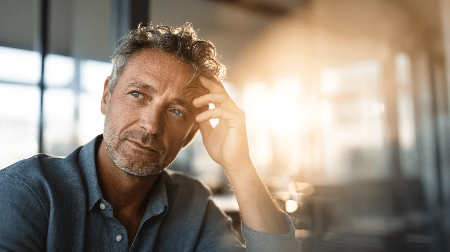 Midcent: En medelålders man sitter tankfullt med handen på huvudet i mjukt solljus. Bilden förmedlar eftertänksamhet och mognad, vilket kan inspirera till reflektion och introspektion. Idealisk för artiklar om personlig utveckling.Kategori: Samhälle.