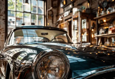 Midcent: Klassisk bil i lyxig garageinteriör. Skepparspeglar, varmt ljus och rustika detaljer skapar en unik vintage-atmosfär. Perfekt för bilentusiaster och retroälskare. Teknik.