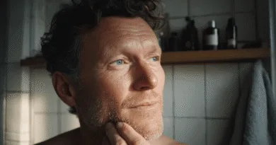 En medelålders man står eftertänksamt i ett badrum med tegelväggar, medan han varsamt vidrör sitt skägg. Solens strålar skapar en varm atmosfär. Dofter och grooming-produkter syns i bakgrunden. Midcent – Hälsa.