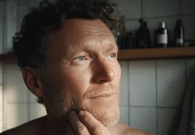 En medelålders man står eftertänksamt i ett badrum med tegelväggar, medan han varsamt vidrör sitt skägg. Solens strålar skapar en varm atmosfär. Dofter och grooming-produkter syns i bakgrunden. Midcent – Hälsa.