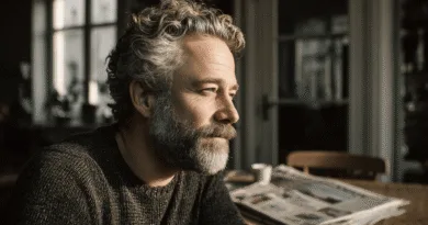 Midcent: En medelålders man sitter tankfullt vid ett bord med en tidning i bakgrunden, vilket skapar en lugn och reflekterande atmosfär i inomhusmiljön. Samhälle.