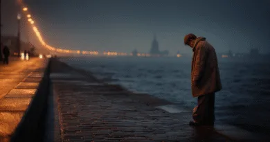 En medelålders man står vid havet i skymningen med gatlyktor som lyser upp bakgrunden. Bilden förmedlar en känsla av eftertänksamhet och stillhet. Midcent. Samhälle.