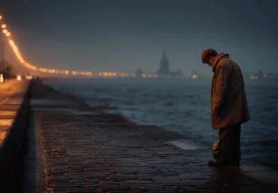En medelålders man står vid havet i skymningen med gatlyktor som lyser upp bakgrunden. Bilden förmedlar en känsla av eftertänksamhet och stillhet. Midcent. Samhälle.